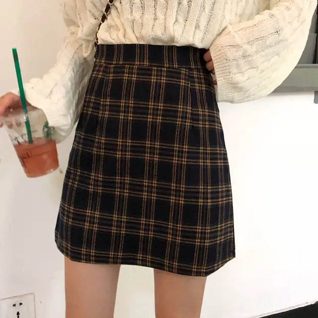 High Waist A line Bag Hip Skirt Student All match Yellow Grid - Shop at LoveMi