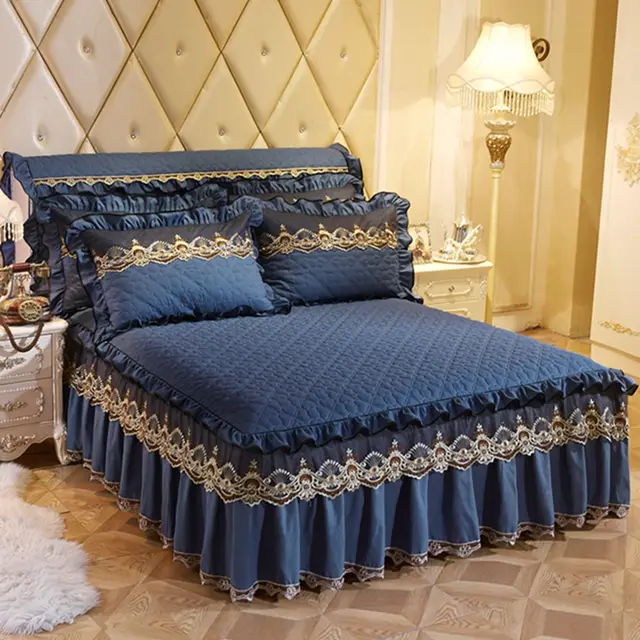 Quilted Lace Bed Skirt Thickened Plus Cotton Bedspread Single Piece Simmons Bed Cover Bed Circumference 1.8m Bed Menglian Xinyu Sapphire Blue - Shop at LoveMi