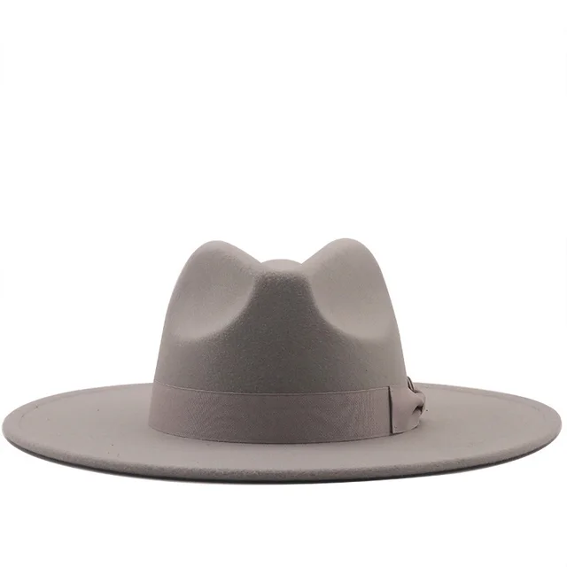 Jazz Top Hat Autumn And Winter New Men's And Women's Woolen Hats Simple Felt Big Brim Hat Grey - Shop at LoveMi
