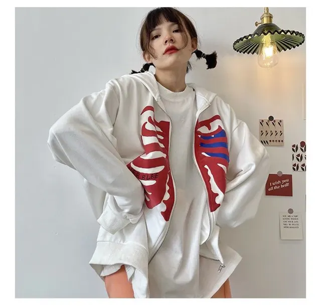 Women's Hooded Sweater Loose Bf Tide Brand Skull Love Cardigan Jacket Tide White - Shop at LoveMi