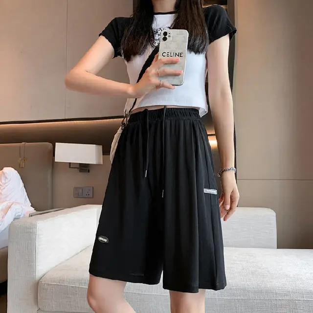 Ice Silk Casual Wide leg Shorts Women Summer Loose Black - Shop at LoveMi