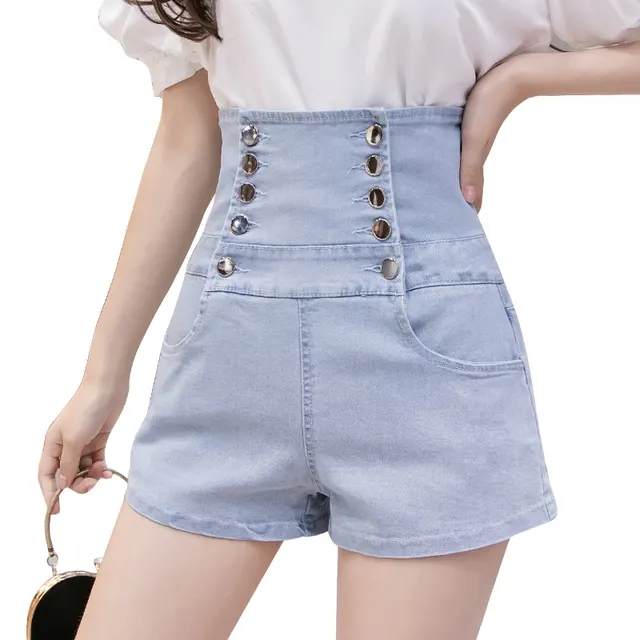 Double breasted Ultra high Waist Denim Shorts Light Blue - Shop at LoveMi