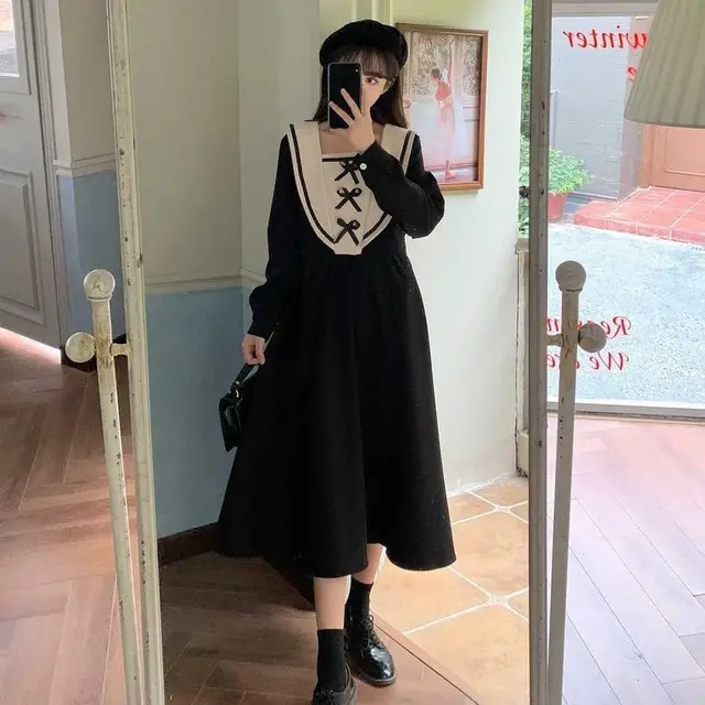 Retro Design French Mid length College Dress Black - Shop at LoveMi