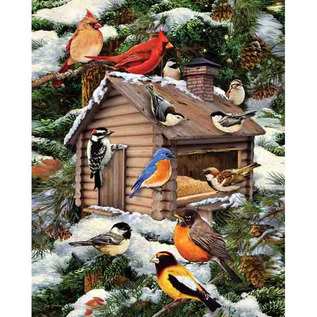 Round Animal Embroidery Needle Set Plastic Ring Full Stone Wall Painting Winter Bird's Nest Winter Birds Nest - Shop at LoveMi