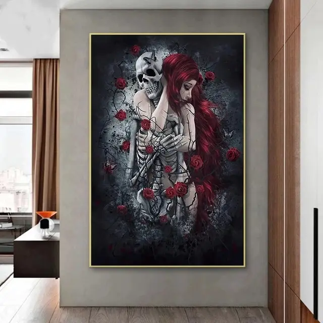 Skull Wall Art Painting Red Rose Canvas Picture Long Haired Woman Poster and Print for Home Interior Decor Frameless Wall Print 60X90Cm - Shop at LoveMi