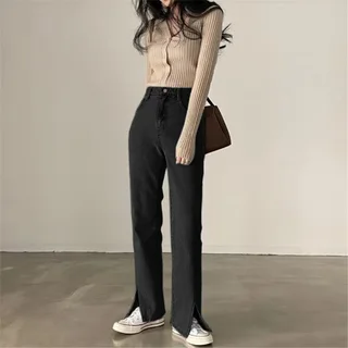 Korean Version Of Ins Fashion High-waisted Slits Were Thin And High-covered Bi-prepared Spring Jeans Women - Black