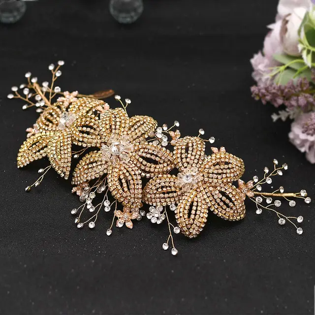 Flower Rhinestone Hair Accessories Bridal Wedding Hair Band Gold - Shop at LoveMi