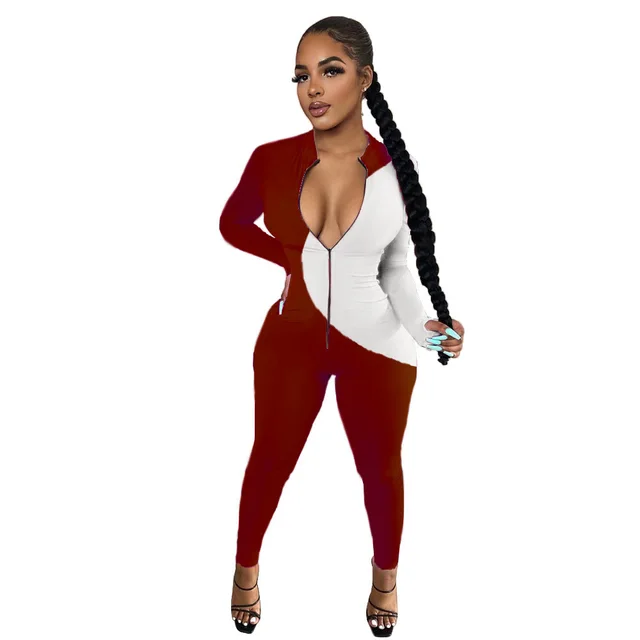Sexy Casual Hit Color Zipper Long sleeved Jumpsuit Red - Shop at LoveMi