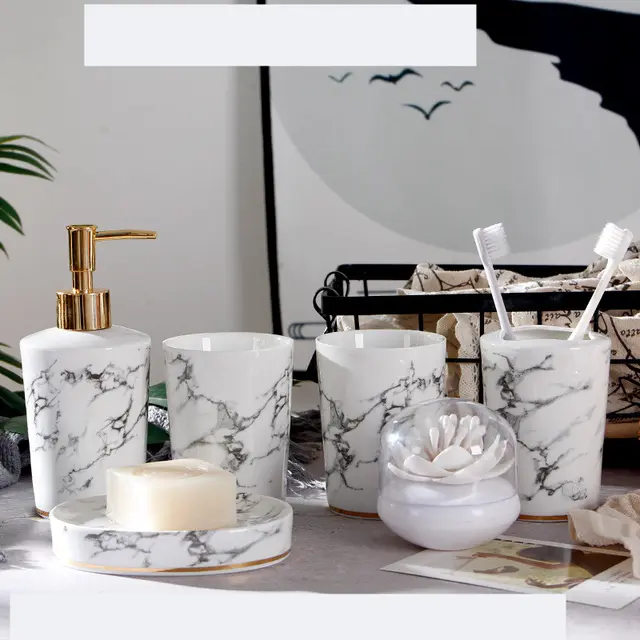 Marble Bathroom Washing And Brushing Cup Set Fivepiece Suit Without Handle - Shop at LoveMi