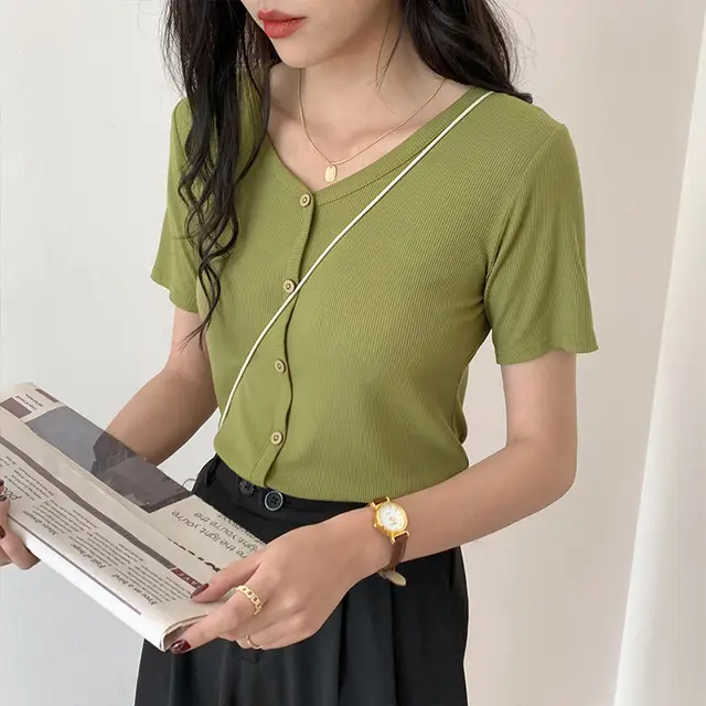 New Ice Silk Sweater Loose V neck Black T shirt Underneath Green - Shop at LoveMi