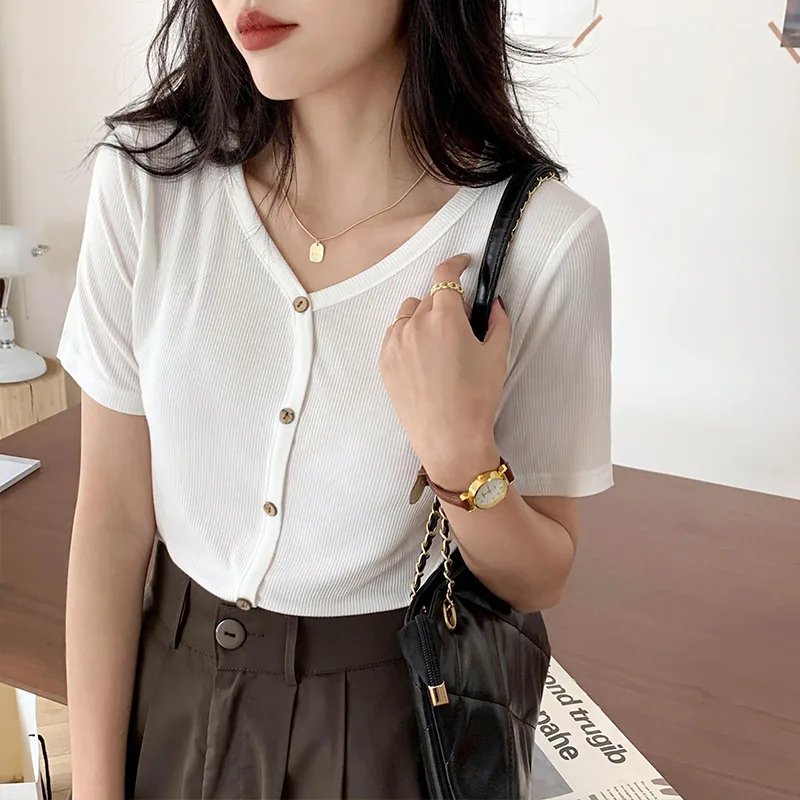 New Ice Silk Sweater Loose V-neck Black T-shirt Underneath - White