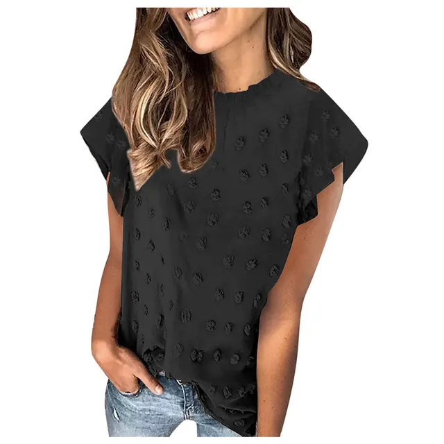 Chiffon Shirt Summer Casual Round Neck Short Sleeve Top Black - Shop at LoveMi
