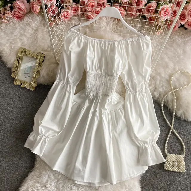 Slim Thin Temperament Waist Long sleeved A line Skirt White - Shop at LoveMi