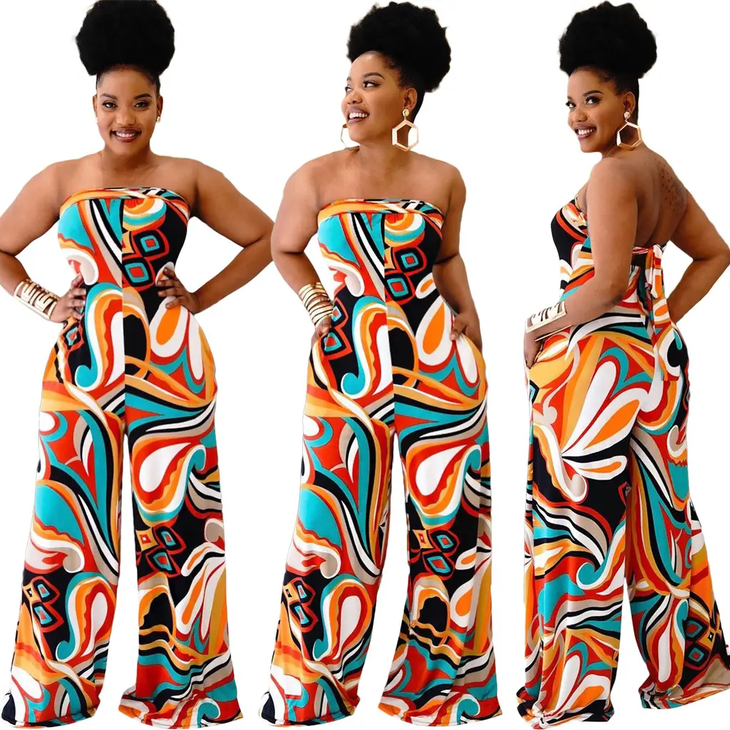Women's Tube Top Halter Printed Jumpsuit Wide-leg Pants Plus Size Women's Clothing - Orange Print