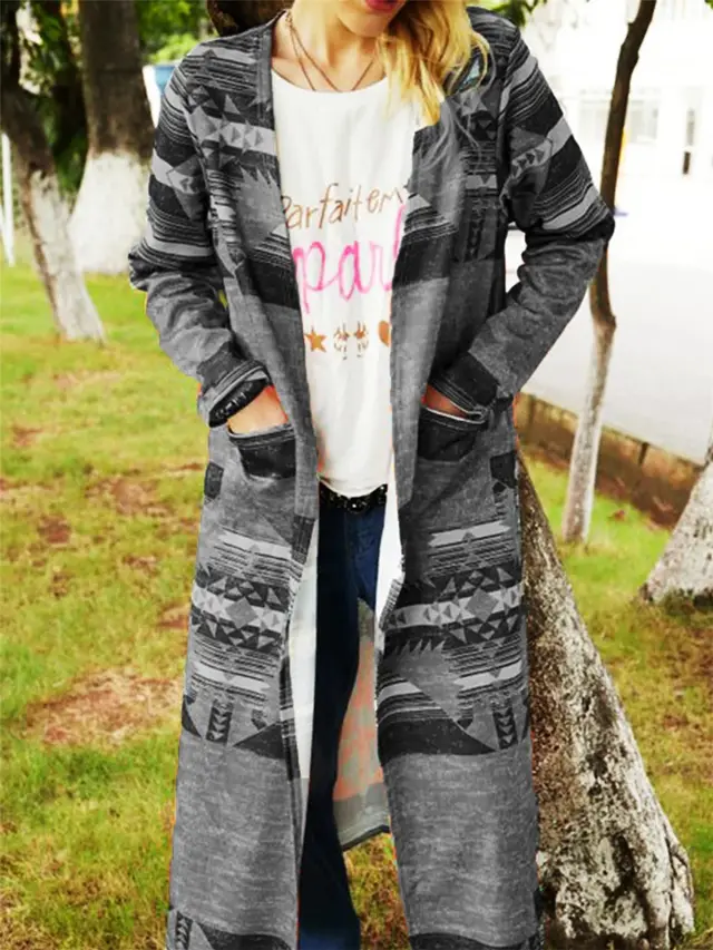 Geometric Print Cardigan Thickened Large Size Slim And Long Trench Coat Grey - Shop at LoveMi