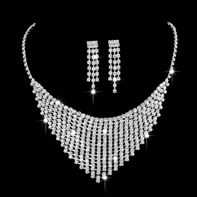 Full Rhinestone Zircon Water Drop Necklace Earrings Jewelry Set 689Th - Shop at LoveMi
