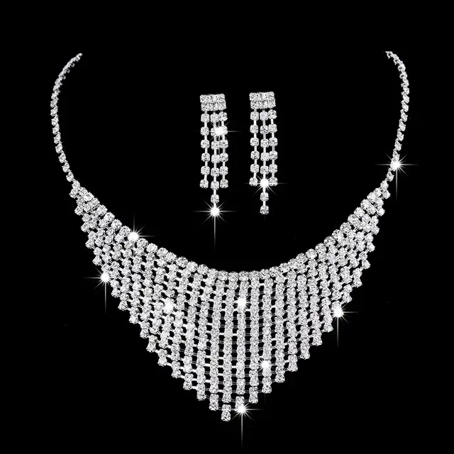 Full Rhinestone Zircon Water Drop Necklace Earrings Jewelry Set - 689Th