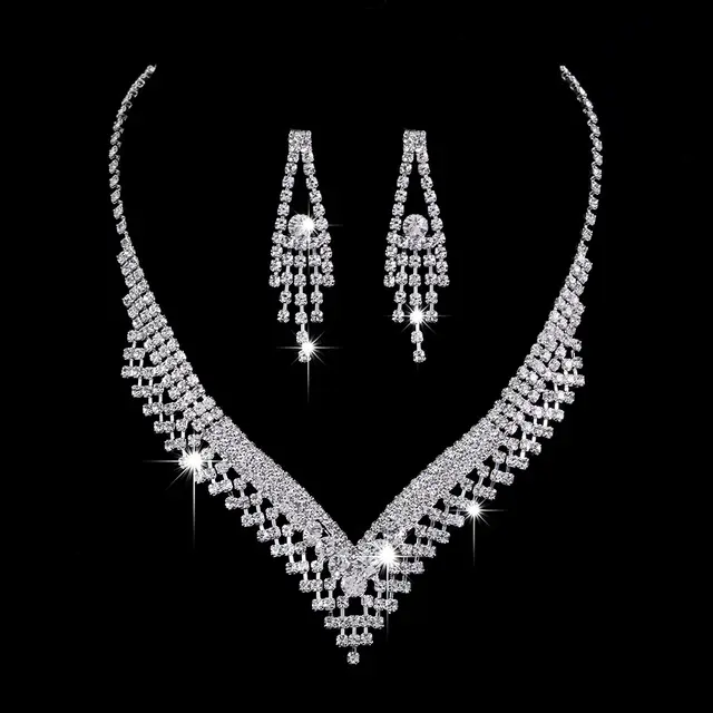 Full Rhinestone Zircon Water Drop Necklace Earrings Jewelry Set 690Th - Shop at LoveMi