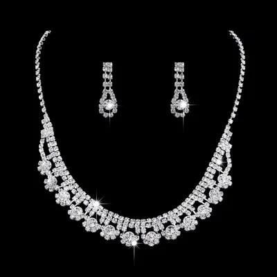 Full Rhinestone Zircon Water Drop Necklace Earrings Jewelry Set 691Th - Shop at LoveMi