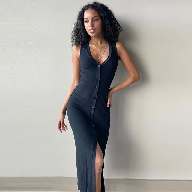 Slim fit V neck Button Slit Skirt Black - Shop at LoveMi