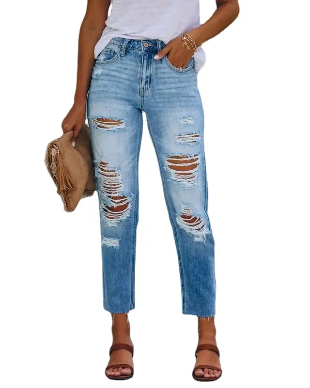 Slim Slimming Washed Denim Trousers Light Blue - Shop at LoveMi