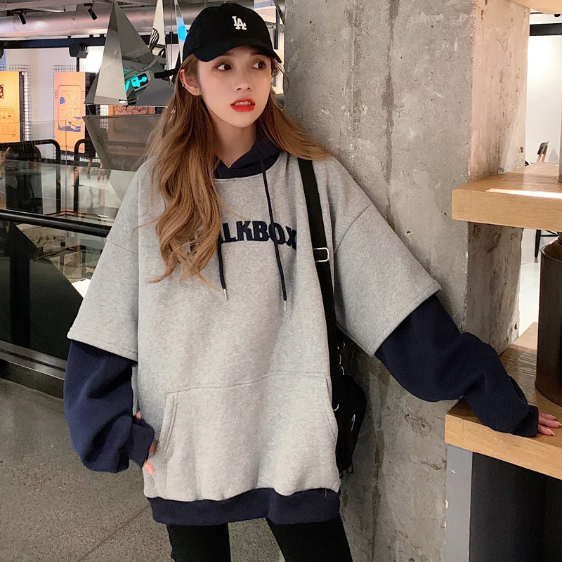Fashion Hooded Hooded Fake Two piece Sweater Women Grey - Shop at LoveMi