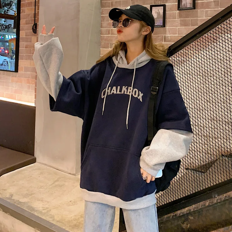 Fashion Hooded Hooded Fake Two piece Sweater Women Navy - Shop at LoveMi