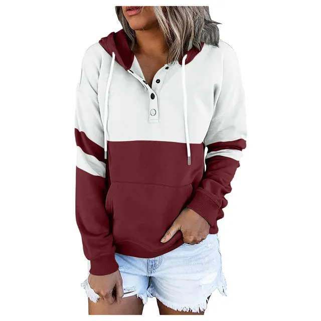 Top Women's Stitching Hooded Sweater Plus Velvet Pockets Loose Wine Red - Shop at LoveMi