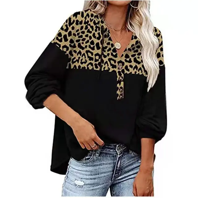 Leopard Print Stitching Loose Long sleeved Casual Hooded Sweater Women Black - Shop at LoveMi