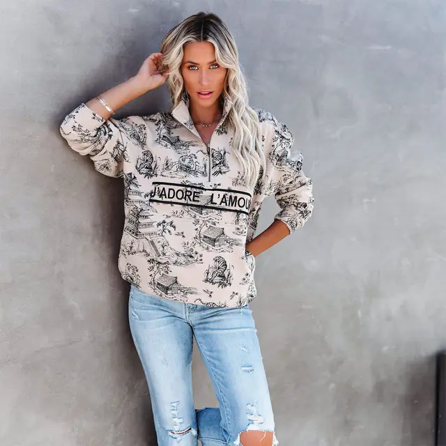 Printed Women's Half Zip Stand Collar Sweatshirt Bwqy001 - Shop at LoveMi
