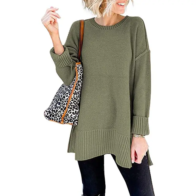 Round Neck Sweater Long Sleeve Side Slit Loose Wool Knit Pullover Top Green - Shop at LoveMi