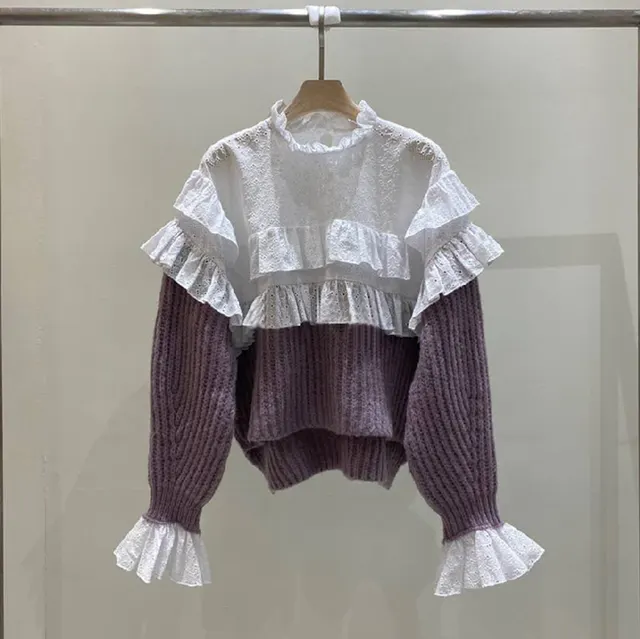 Temperament Ruffled Stitching Sweater Women's Western Style Flared Sleeve Top Purple - Shop at LoveMi