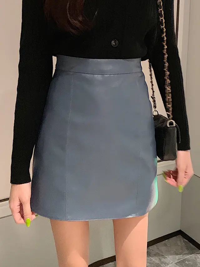 Bag Hip All match Harajuku Korean Leather A line High Waist Skirt Blue - Shop at LoveMi