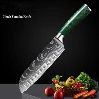 Green Resin Handle Damascus Laser Grain Knife Twosun Knife - Shop at LoveMi