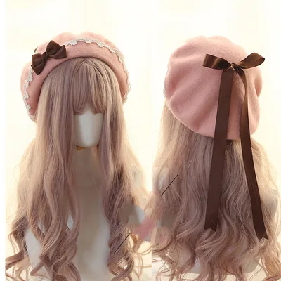 Japanese Beret Lolita Girl Heart Sweet Woolen Female Hand made Lace Bow Beret Coffee Bow With Powder Hat - Shop at LoveMi