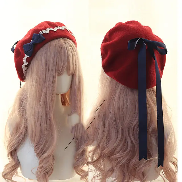 Japanese Beret Lolita Girl Heart Sweet Woolen Female Hand made Lace Bow Beret Dark Blue Bow Dark Red Hat - Shop at LoveMi