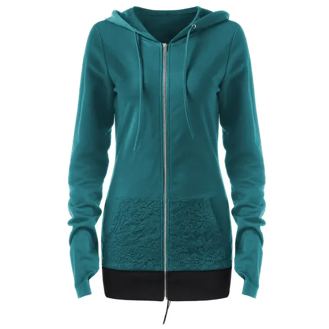 Ladies Lace Stitching Hooded Tie Long Sleeve Coat Top Green - Shop at LoveMi