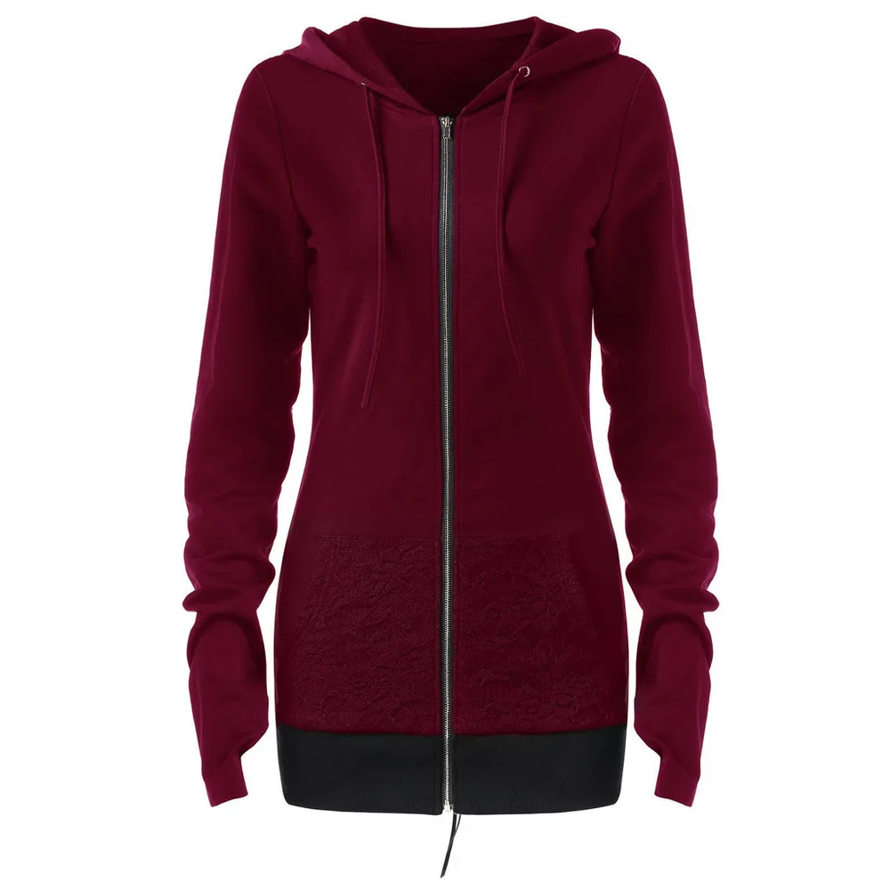Ladies Lace Stitching Hooded Tie Long Sleeve Coat Top Red - Shop at LoveMi