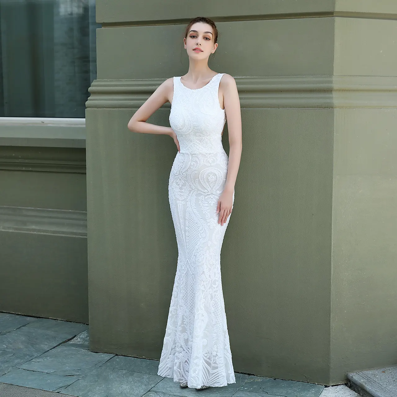 Sequined Fishtail Long Evening Exhibition Performance Event Banquet Etiquette Dress - White
