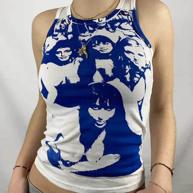 Ink Head Printing Sleeveless Round Neck Casual T shirt Blue - Shop at LoveMi
