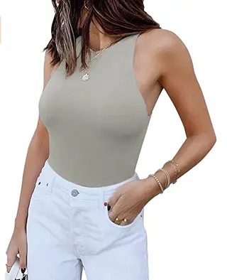 ReoRia Womens Sexy Sleeveless Racer Back Halter Neck Bodysuit Tank Tops - Grey