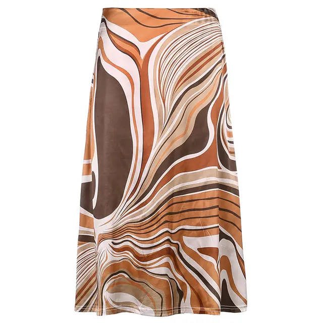 Irregular Stripes Printed Satin Skirt Women Brown - Shop at LoveMi