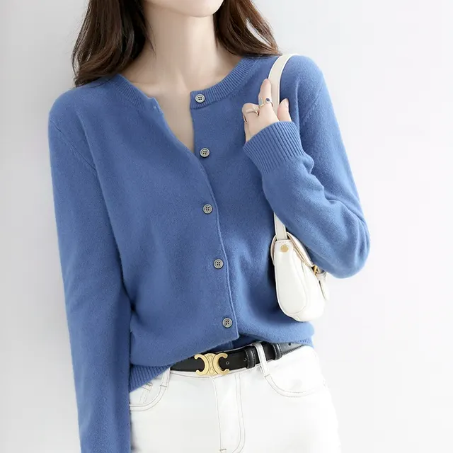 Round Neck Knitted Cardigan Women Loose Solid Color Jacket Denim Blue - Shop at LoveMi
