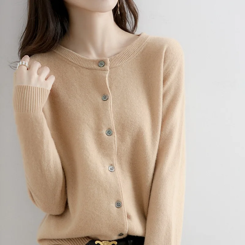 Round Neck Knitted Cardigan Women Loose Solid Color Jacket - Yellow Camel
