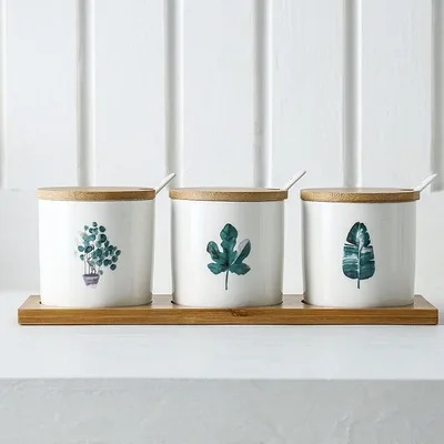 Three Piece Ceramic Seasoning Jar With Lid Green Plants - Shop at LoveMi