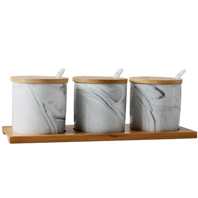 Three Piece Ceramic Seasoning Jar With Lid Grey Marbled - Shop at LoveMi