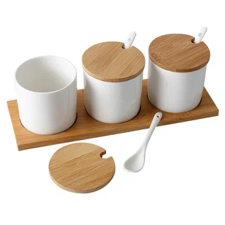 Three-Piece Ceramic Seasoning Jar With Lid - Pure White