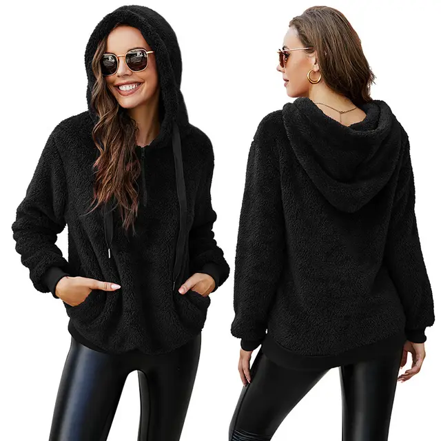 Long Sleeve Zipper Hooded Collar Solid Color Women's Sweatshirt Fleece Jacket Black - Shop at LoveMi