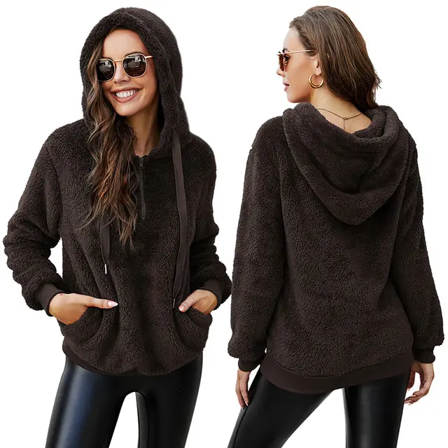 Long Sleeve Zipper Hooded Collar Solid Color Women's Sweatshirt Fleece Jacket Brown - Shop at LoveMi