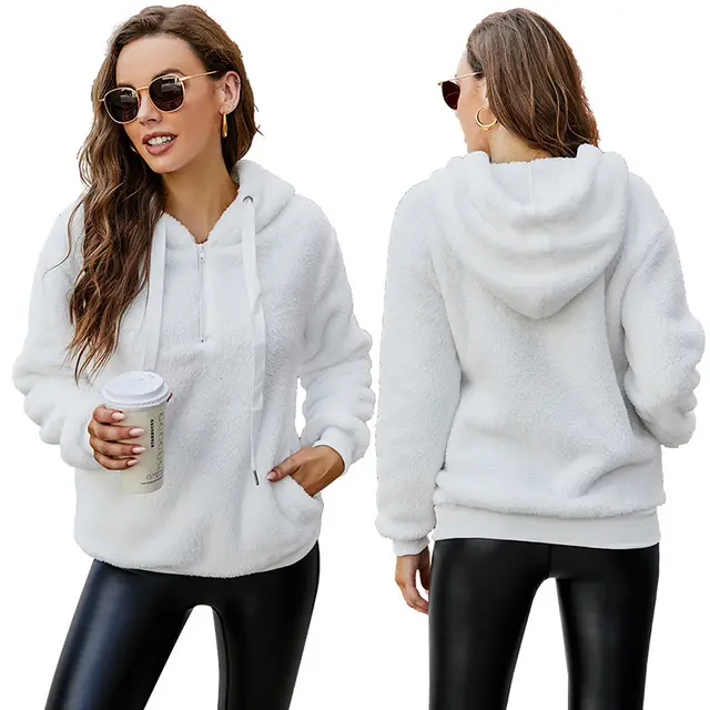 Long Sleeve Zipper Hooded Collar Solid Color Women's Sweatshirt Fleece Jacket White - Shop at LoveMi